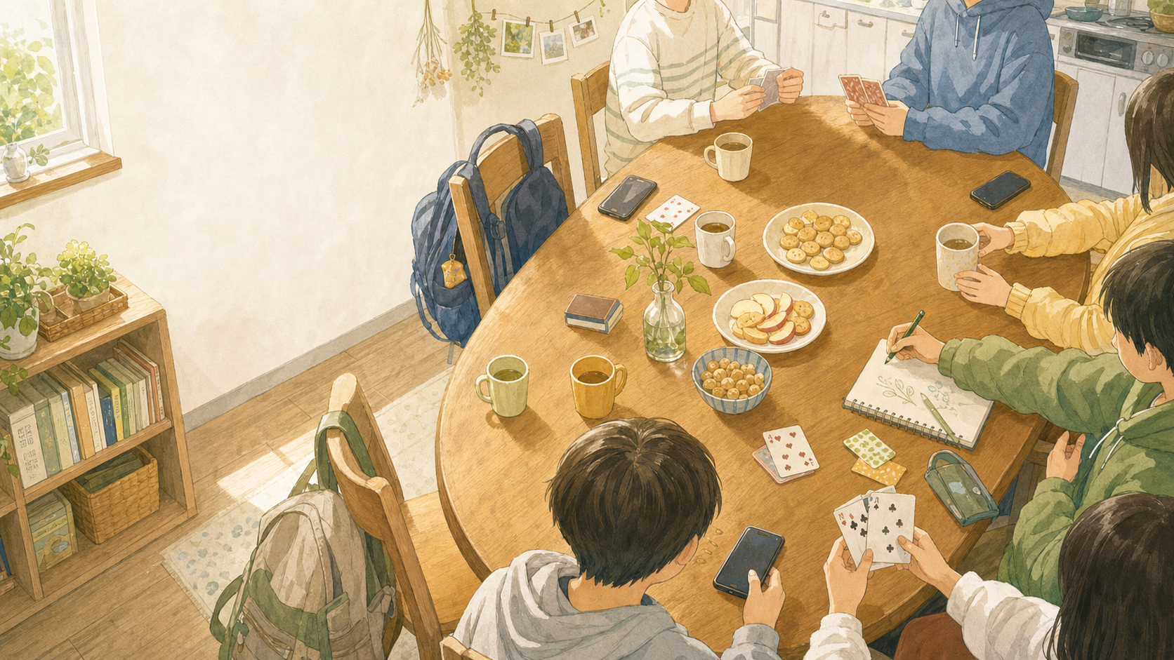 木のテーブルにおやつやカードが並ぶ居場所のイラスト